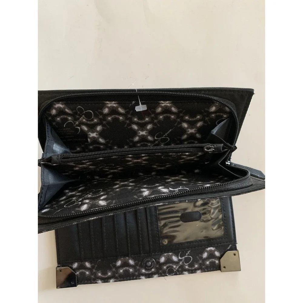 Jessica Simpson Women's Black Continental Wallet Clutch Gunmetal Logo Card Slots